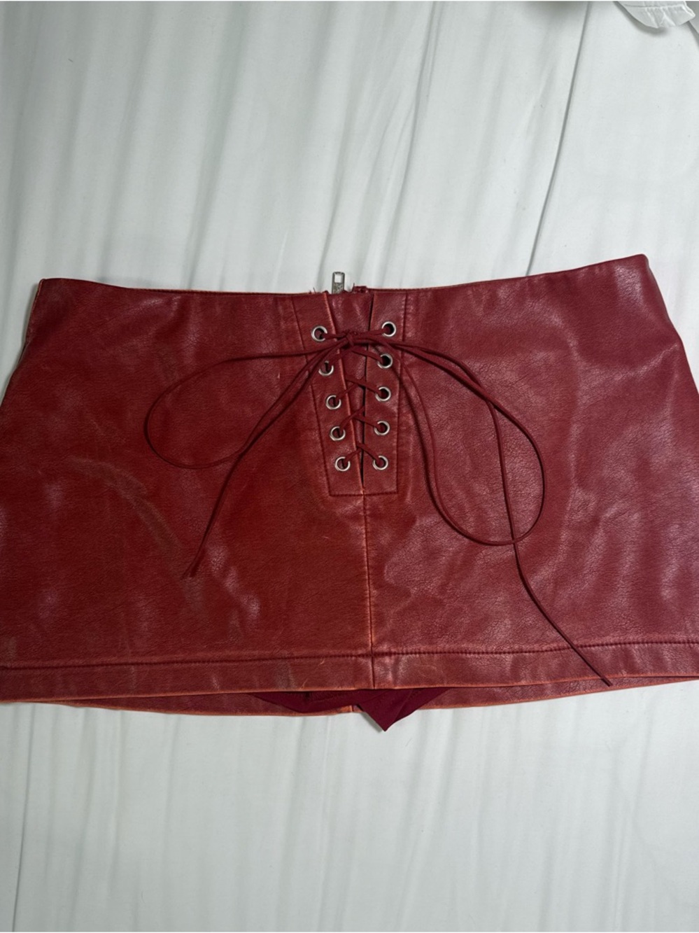 Edikted Wine Red Lace-Up Faux Leather Mini Skirt- Built in shorts
